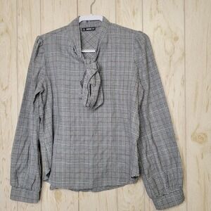 Shein Plaid Tie Front Long Sleeve Blouse